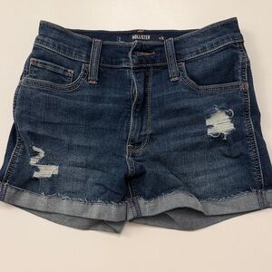 Hollister Women's Dark Blue Denim Distressed Roll-Cuff Shorts